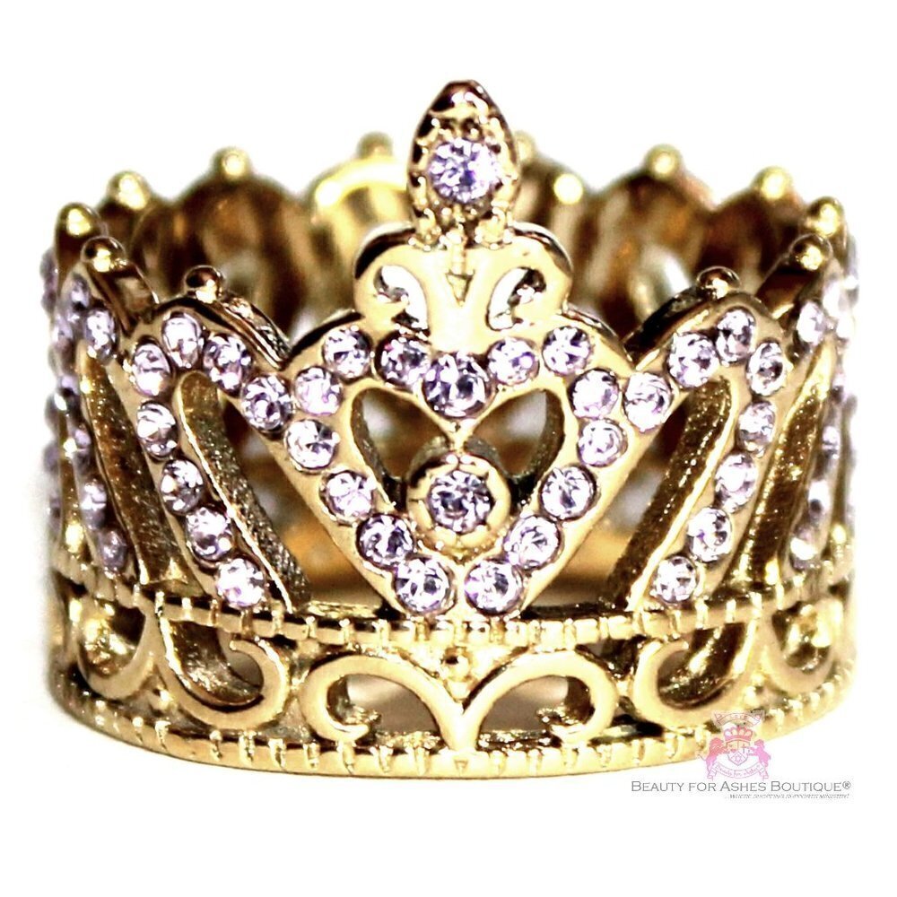 Stainless Steel Royalty Crystal Love Gold Plated Princess Heart Crown Ring